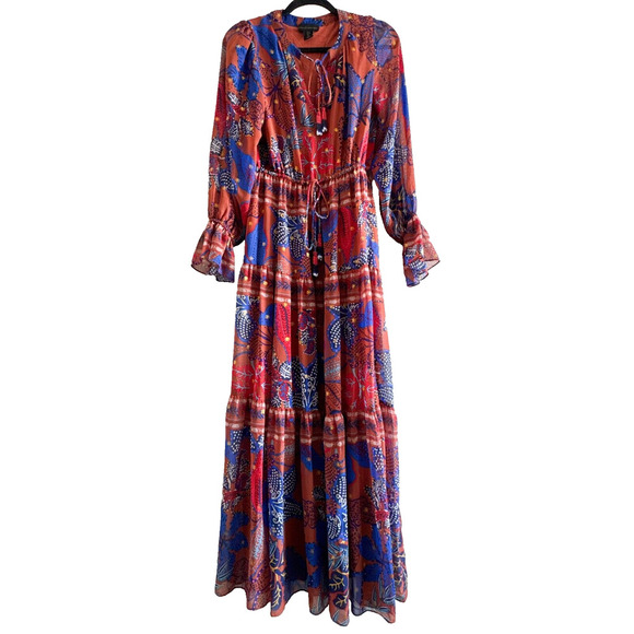 House of Harlow Maxi Tiered Floral Rustic Boho Long Sleeve Dress Size Small - Picture 2 of 14